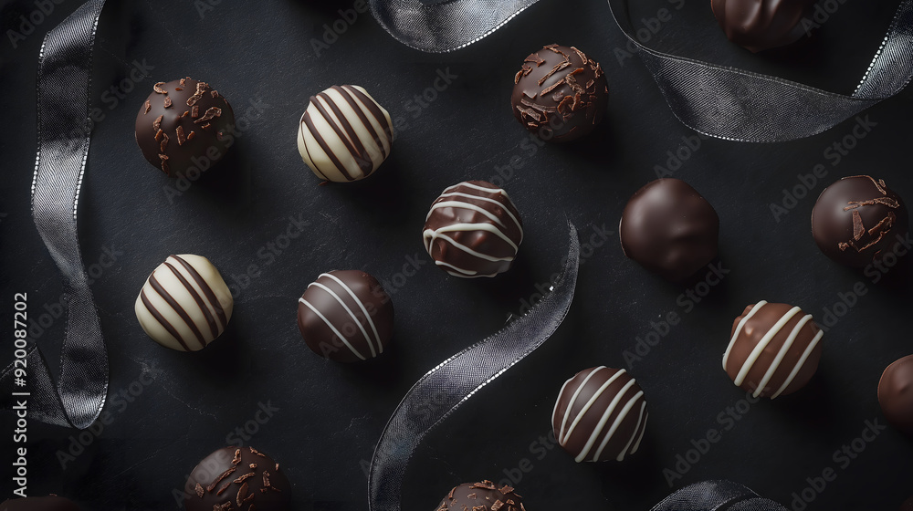 Assorted chocolate truffles in dark and white chocolate with decorative toppings.
Assorted chocolate truffles in dark and white chocolate with decorative toppings.