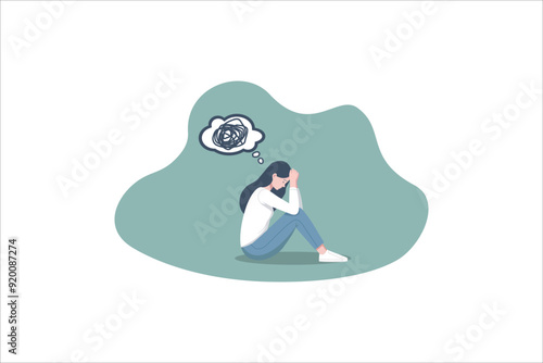 Woman in depression with bewildered thoughts in her mind. Young sad girl sitting and unhappy.