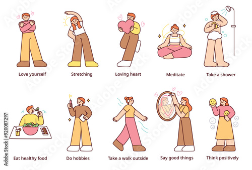 A collection of various ways to maintain a healthy mentality with a positive mind. outline simple vector illustration.