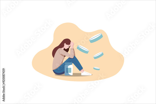 Woman in depression with bewildered thoughts in her mind. Young sad girl sitting and unhappy.
