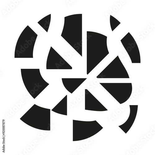 Broken camera shutter icon. Abstract black design. Fragmented photography symbol. Vector illustration.