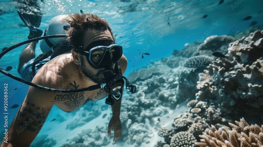 Underwater Scuba Diver Exploring Coral Reef