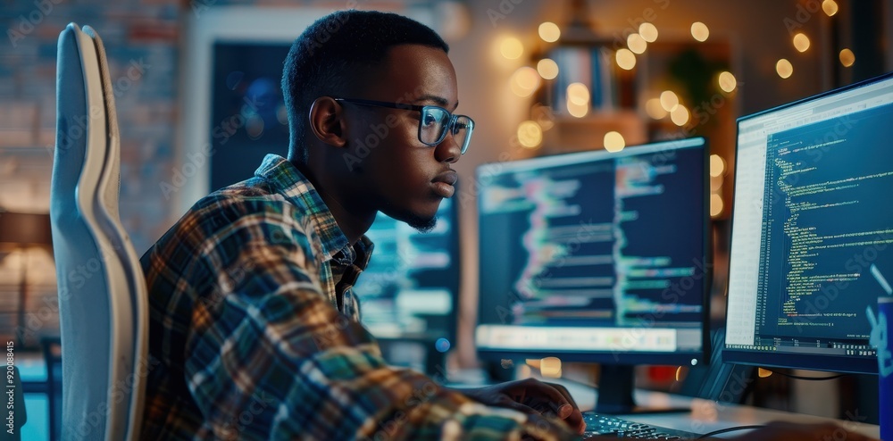 A Programmer Working on Code at His Desk A Programmer Working on Code at His Desk
