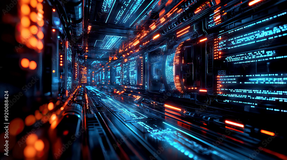 Cyberspace futuristic technology corridor with digital neon circuit lights glowing electronics, sci-fi high-tech network orange blue wires