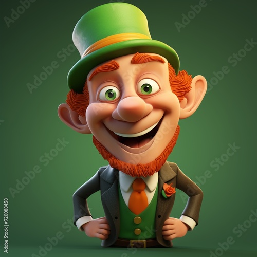 Happy Animated Leprechaun Character with Green Hat and Orange Beard on Green Background photo