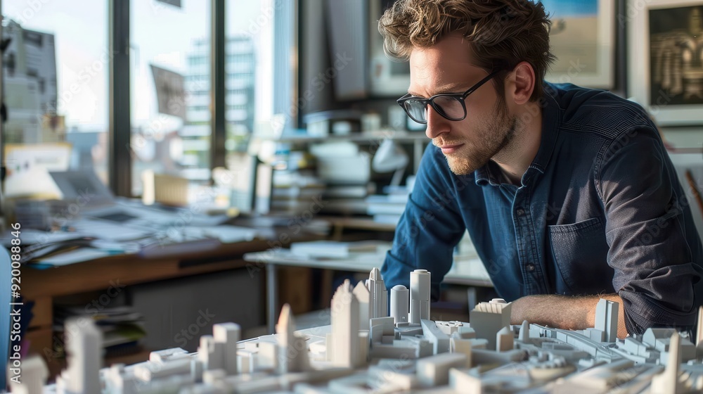 Architect Examining City Model in Office Architect Examining City Model in Office