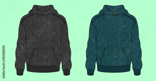 Boys and men's winter terry fleece long sleeve crew neck drop shoulder acid wash hoodie flat sketch outline vector fashion illustration template. 