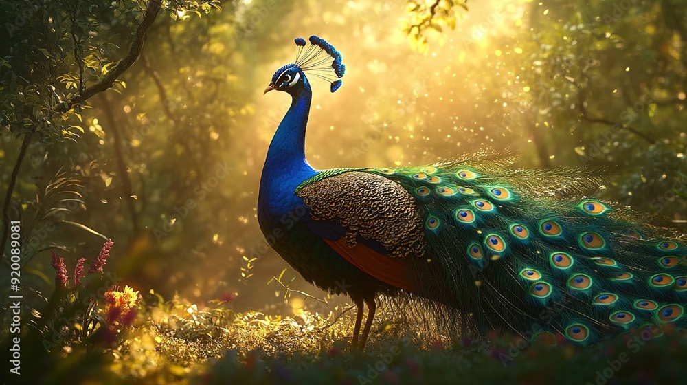 Fototapeta premium A majestic peacock with vibrant plumage, standing in the lush forest under dappled sunlight
