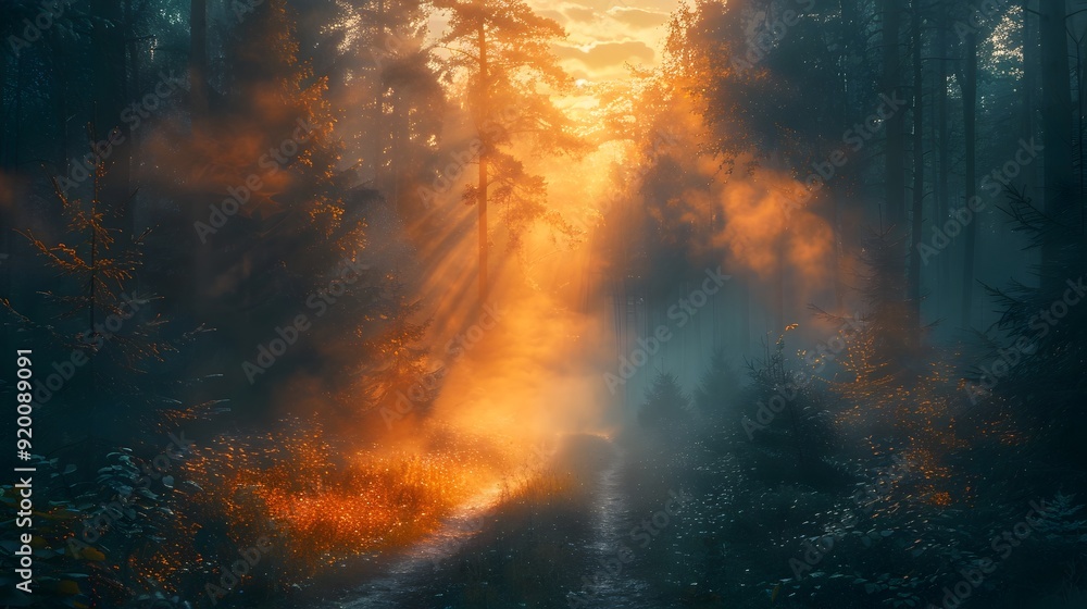 Moody Misty Forest Pathway with Sunbeam Shining Through Lush Greenery Moody Misty Forest Pathway with Sunbeam Shining Through Lush Greenery