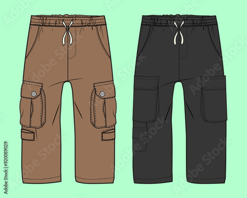 Boys winter terry fleece sports brown and black colour relax fit cargo pants flat sketch outline vector fashion illustration template. 