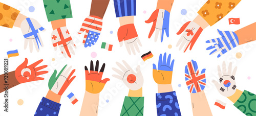 Human hands with different drawn flags on palms, patriotism, intentional community and friendship