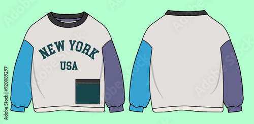 Toddler Boys terry fleece drop shoulder crew neck colour block New York  USA typographic sweatshirt flat sketch outline vector fashion illustration template. 