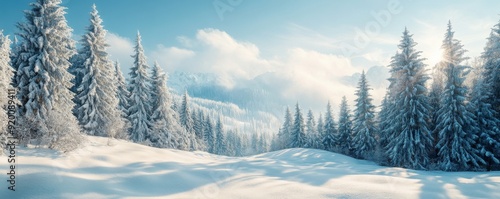 Scenic winter landscape with snow-covered trees and hills under a clear, blue sky with soft sunlight creating a serene and peaceful atmosphere.