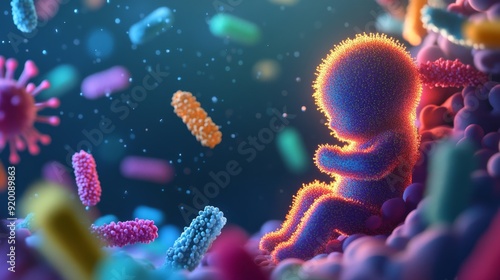 Baby Microbiome the infant gut microbiome genetic material of all the microbes 3d illustration. with copy space image. Place for adding text or design. 3d infant. Illustrations