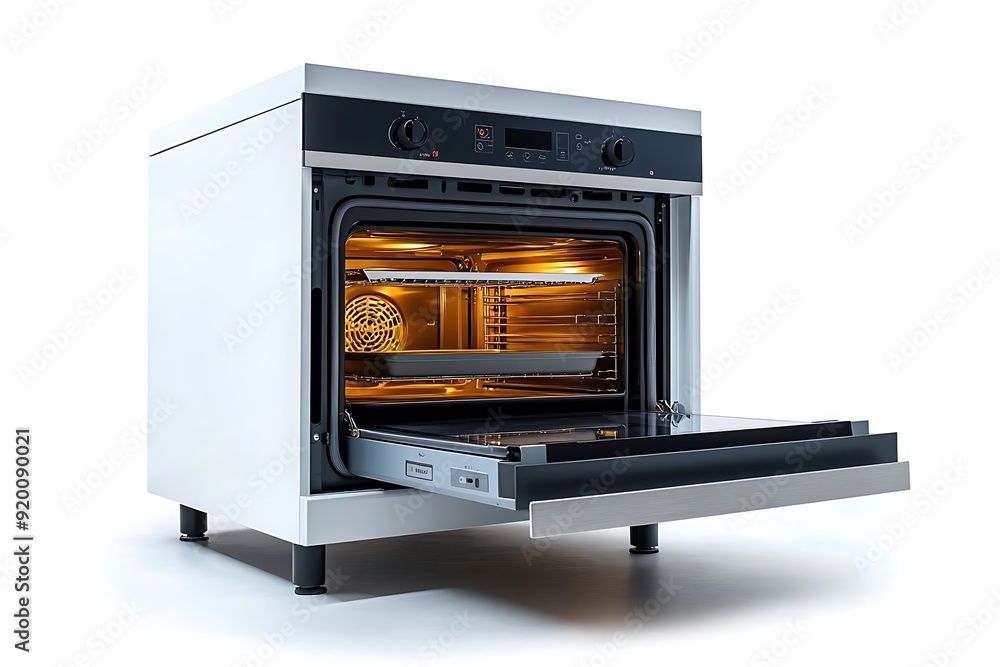 Fototapeta premium Modern White Oven with Open Door and Interior Lights - 3D Render