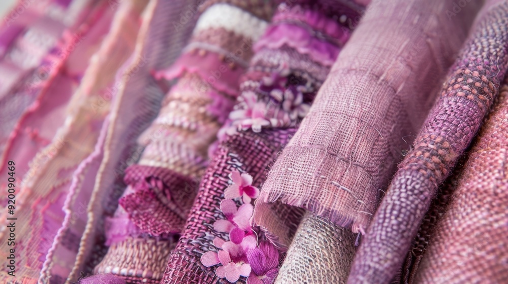 Fototapeta premium A collage of delicate woven fabrics in varying shades of pink and purple adding a touch of femininity to any room.
