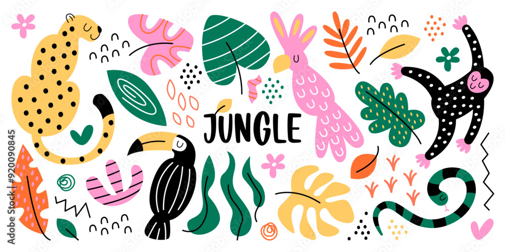 Abstract jungle pattern set with tropical animals, birds and palm tree foliage hand drawn design Abstract jungle pattern set with tropical animals, birds and palm tree foliage hand drawn design