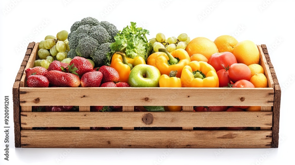 Fruits and vegetables in a wooden crate isolated on white background. Fruits and vegetables in a wooden crate isolated on white background.