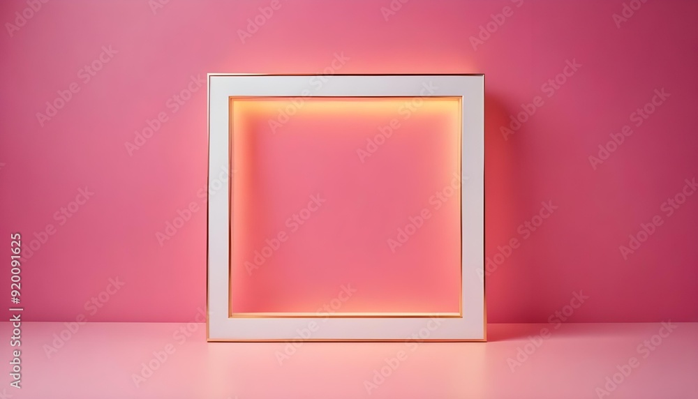 A thin, elegant white square frame placed symmetrically on a vibrant pink background, creating a balanced composition. A thin, elegant white square frame placed symmetrically on a vibrant pink background, creating a balanced composition.