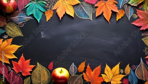 Autumn Leaves Frame - dark chalkboard background with a border made of vibrant autumn leaves and fruits. Back to school. Graphic art illustration