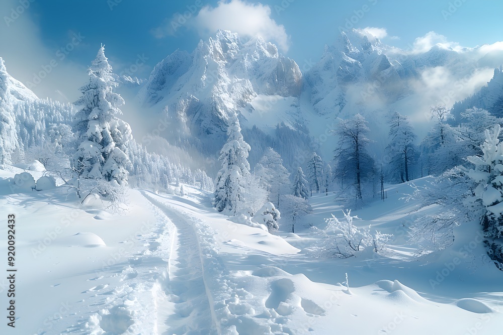 Fototapeta premium Majestic Snowy Mountain Range Against Clear Blue Sky - Alpine Scenery