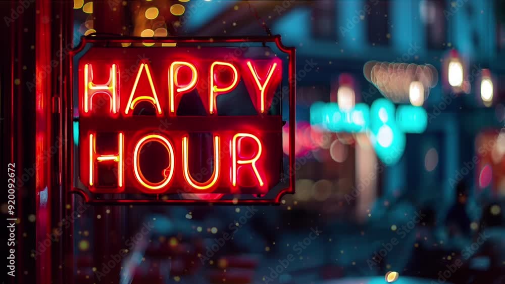 Bright neon sign promotes happy hour in a lively urban setting, showcasing the energy and excitement of the nightlife Bright neon sign promotes happy hour in a lively urban setting, showcasing the energy and excitement of the nightlife