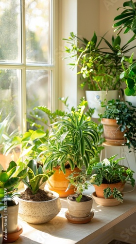 Sunlit indoor garden featuring vibrant potted plants by the window in the morning