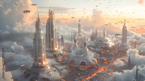 Futuristic high-tech cityscape with sleek skyscrapers and flying sci-fi urban landscape photo