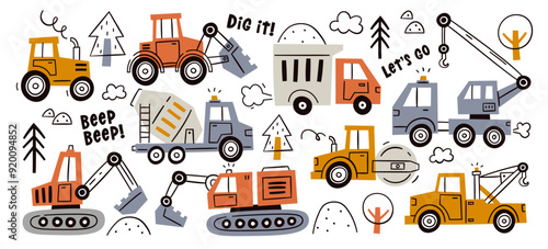 Different hand drawn childish industrial machine and construction vehicles set at work on street