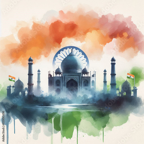 illustration of building icon in india with indian flag background in water color style commemorating independence day