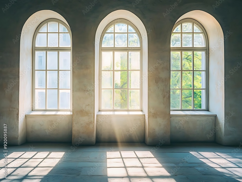 Three Arched Windows with Sunlight Streaming Through in an Old Building - Photo Three Arched Windows with Sunlight Streaming Through in an Old Building - Photo