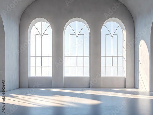 Three Large Arch Windows in a Minimalist Room 3D Illustration