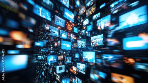 A computer screen with many different images on it. The images are all blurry and overlapping, creating a sense of chaos and confusion. Scene is one of disarray and disorder