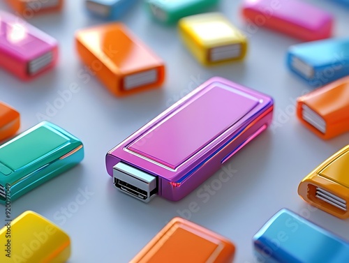 Colorful USB Flash Drives on White Background 3D Illustration