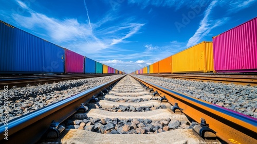 The background has a clear blue sky, which adds contrast to the colorful containers. The composition emphasizes the industrial and transportation scene. photo