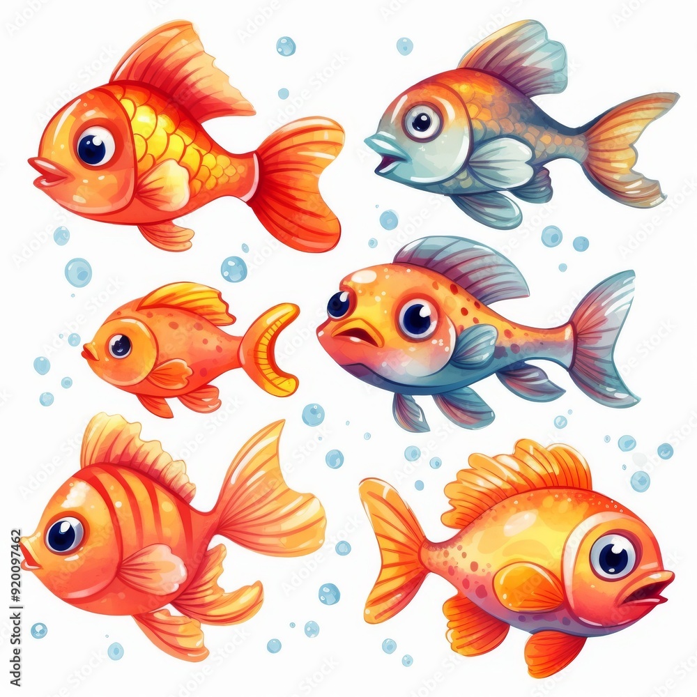 Cute Cartoon Goldfish Illustration with Colorful Fish and Bubbles Cute Cartoon Goldfish Illustration with Colorful Fish and Bubbles