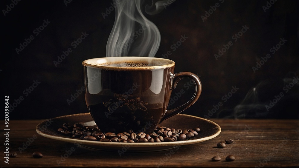 Steaming cup of coffee on a wooden table surrounded by coffee beans Steaming cup of coffee on a wooden table surrounded by coffee beans
