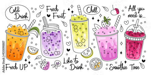 Fresh up beverage, fruit or vegetable refreshment smoothies drinks doodle hand drawn design set