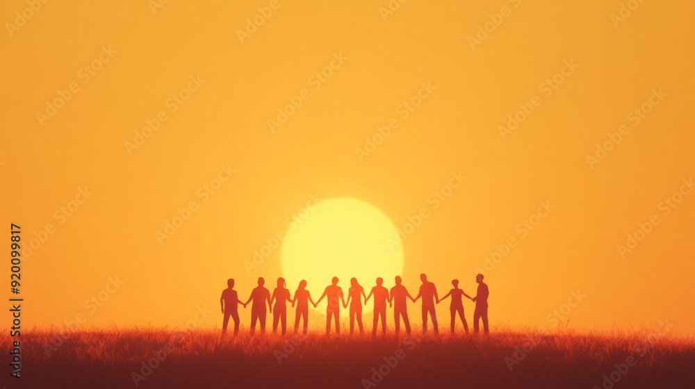 Unity in the Sunrise: Inspiring Workers Standing Together in a Bright Field for Hope and Solidarity, Minimalist Style Unity in the Sunrise: Inspiring Workers Standing Together in a Bright Field for Hope and Solidarity, Minimalist Style