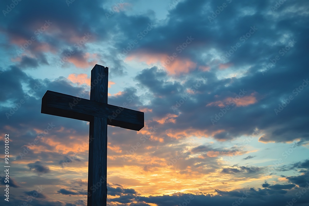 Silhouette of a wooden cross against a colorful sunset sky. Silhouette of a wooden cross against a colorful sunset sky.