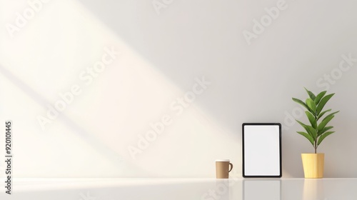 Wallpaper Mural Modern Workspace with Tablet Displaying Travel Insurance Plan, Coffee Cup, and Plant Torontodigital.ca