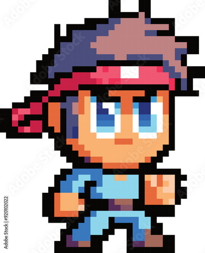Принти на полотні Pixelated Martial Arts Master: A determined pixel art character, a master of martial arts, stands ready for action with a fierce expression and a red headband