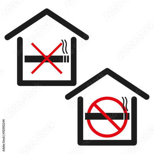 No smoking house icons. Two signs with cigarette and prohibition symbol. Vector illustration.