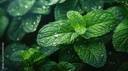 Close-up of vibrant green mint leaves with dew drops. Fresh and lush, perfect for natural, healthy, or summer themes.