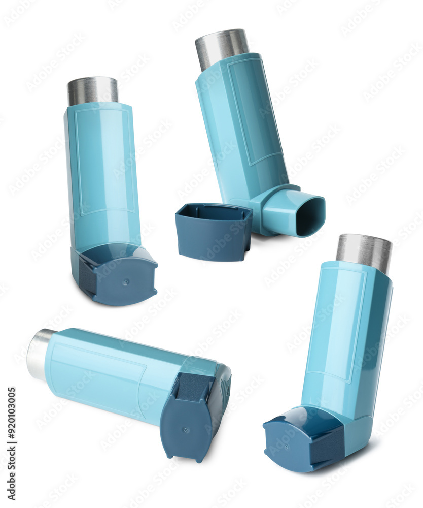 Inhaler isolated on white, collage. Asthma treatment Inhaler isolated on white, collage. Asthma treatment