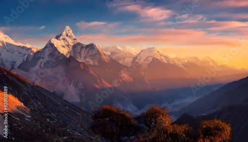 Mountain landscape at sunset Himalayas Nepal Asia with beautiful sky. Mountain with snow peaks, Wallpaper