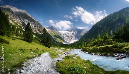 Beautiful scenery, green mountains with river water. Wallpaper