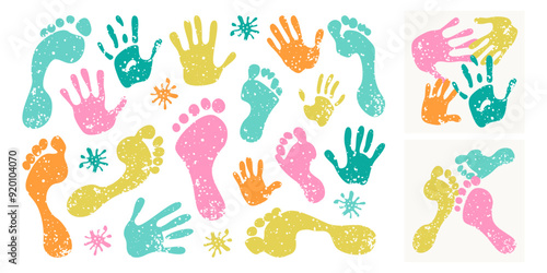 Colorful human hand and foot prints child and adults upper, lower limbs traces isolated on white