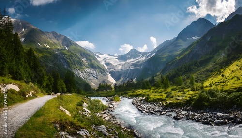 A beautiful mountain with river water flowing, environment surrounding by green trees and green mountain, under bright weather and blue sky. Wallpaper