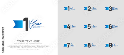 anniversary logotype set. black number and blue ribbon for celebration